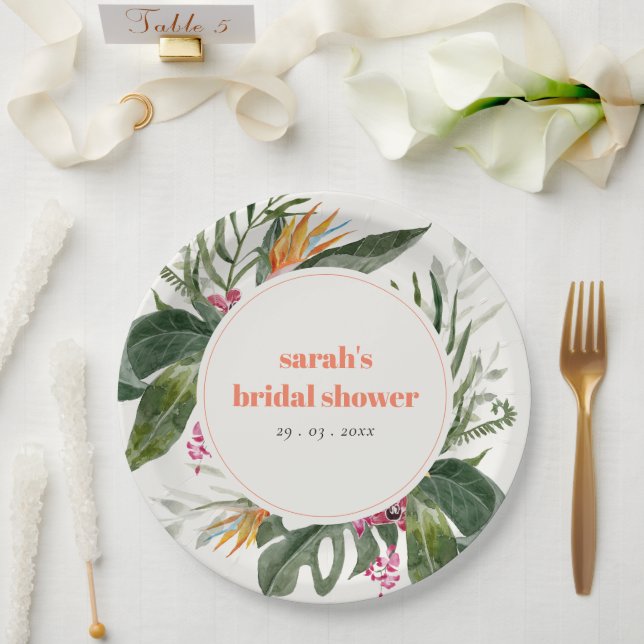 Vibrant Blush Boho Tropical Floral Bridal Shower Paper Plate (Wedding)