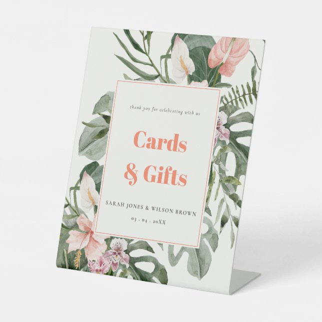 Vibrant Blush Boho Tropical Floral Wedding Custom Pedestal Sign (Front)