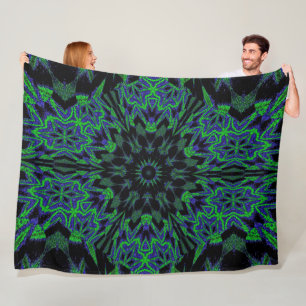 Vibrant Bohemian Abstract Blue and Green Peony Fleece Blanket
