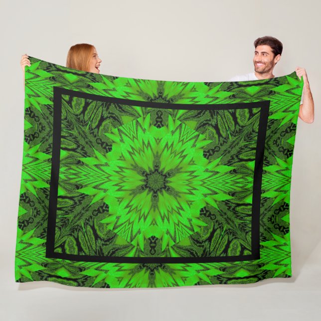 Vibrant Bohemian Abstract Emerald Daisy Designed  Fleece Blanket (In Situ)