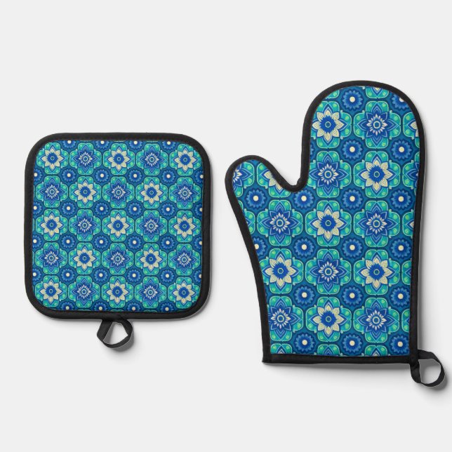 Vibrant Boho Chic Floral Pattern Oven Mitt & Pot Holder Set (Front)