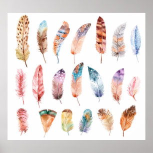 Vibrant Boho Feathers: Watercolor Illustration Poster
