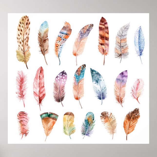 Vibrant Boho Feathers: Watercolor Illustration Poster (Front)