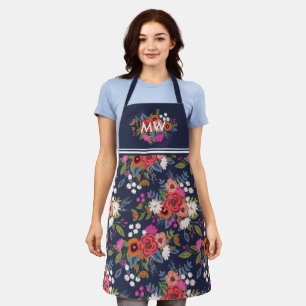 Vibrant Boho Floral Bouquets Pattern Monogram Apron