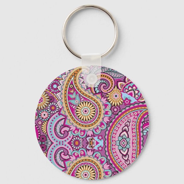 Vibrant Boho Paisley Floral Pattern | Colourful Ar Key Ring (Front)