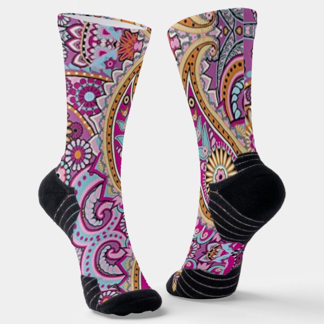 Vibrant Boho Paisley Floral Pattern | Colourful Ar Socks (Angled)