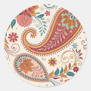 Vibrant Boho Paisley white Floral Pattern Classic Round Sticker