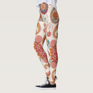 Vibrant Boho Paisley white Floral Pattern Leggings