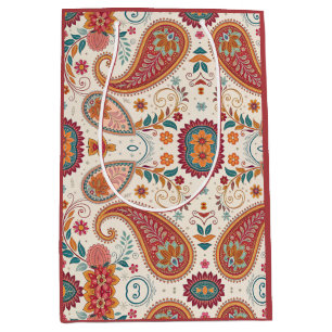 Vibrant Boho Paisley white Floral Pattern  Medium Gift Bag