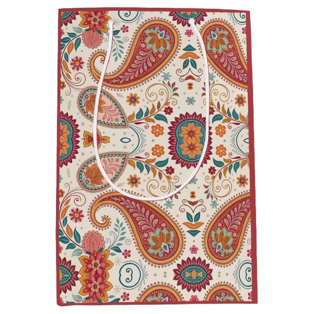 Vibrant Boho Paisley white Floral Pattern  Medium Gift Bag (Front)