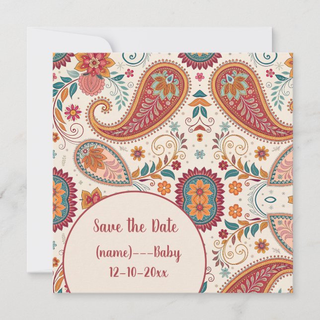 Vibrant Boho Paisley white Floral Pattern Save The Date (Front)