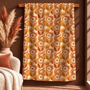 Vibrant Boho Rusty Tone Ochre Floral Throw Blanket