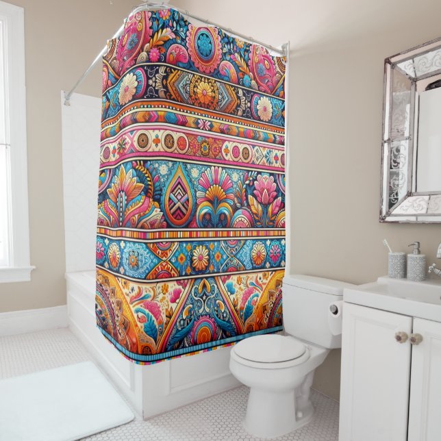 Vibrant Boho Stripes: Eclectic Textile Art Shower Curtain (In Situ)