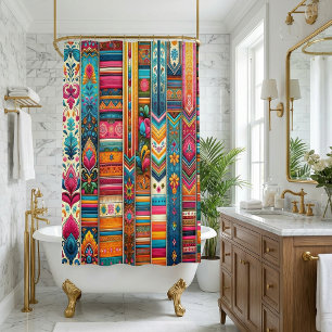 Vibrant Boho Stripes: Eclectic Textile Art Shower Curtain