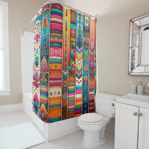 Vibrant Boho Stripes: Eclectic Textile Art Shower Curtain