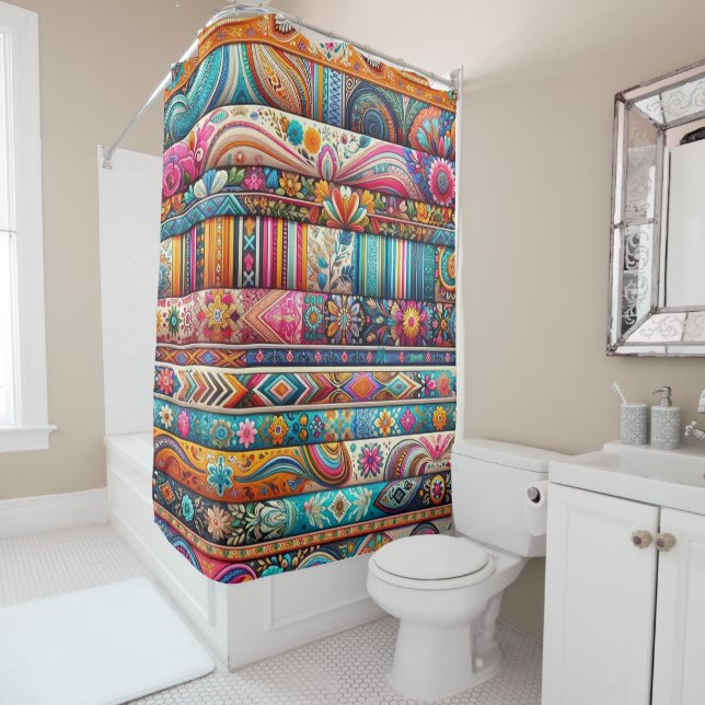 Vibrant Boho Stripes: Eclectic Textile Art Shower Curtain (In Situ)