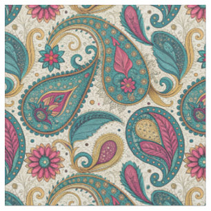 Vibrant Boho Teardrop Paisley Teal Floral Pattern Fabric