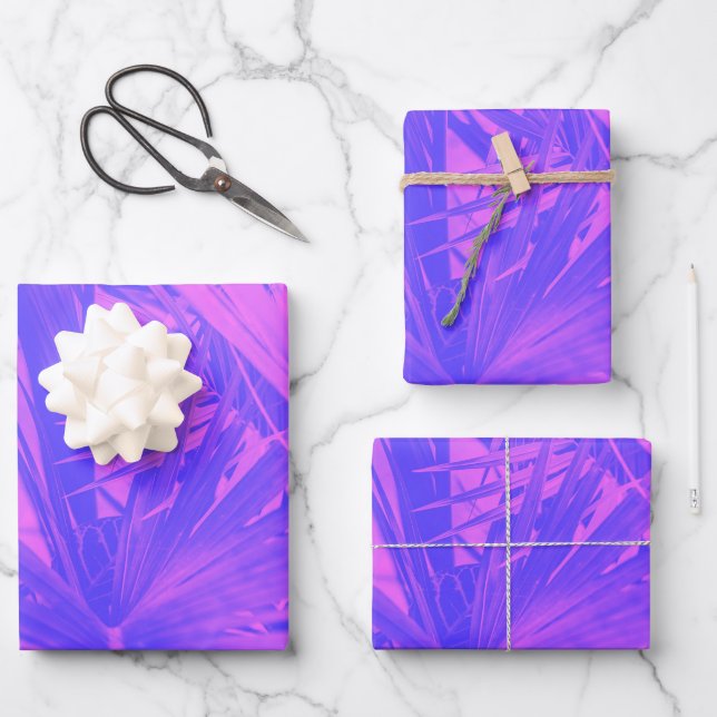 Vibrant Boho Tropical Botanical Leaf Purple Pink Wrapping Paper Sheet (Front)