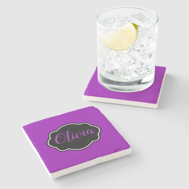 Vibrant, Bold Fuchsia Purple Personalised  Stone Coaster (Side)