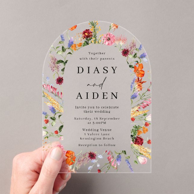 Vibrant Bold Watercolor Wildflowers Wedding Acrylic Invitations (Insitu (Handheld))