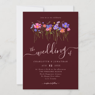 Vibrant Bold Wildflowers Burgundy Pink Wedding Invitation