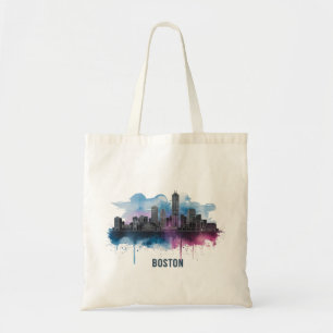 Vibrant Boston Skyline Watercolor Splash Tote Bag