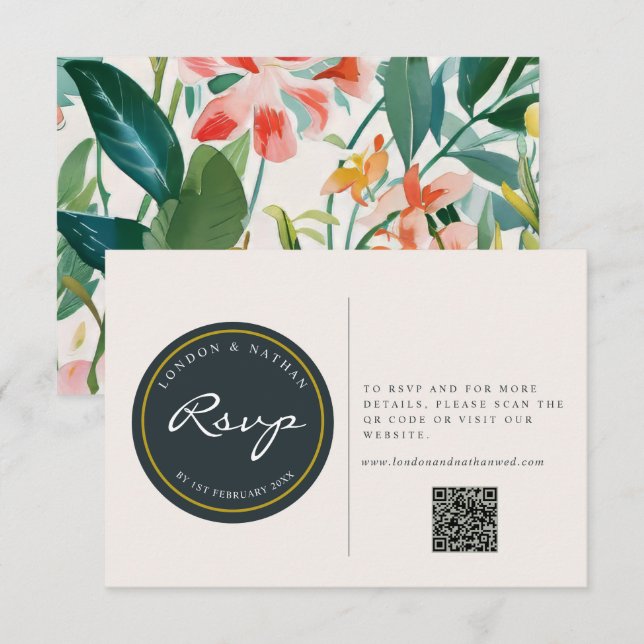 Vibrant Botanical Floral Wedding QR Code  RSVP Card (Front/Back)