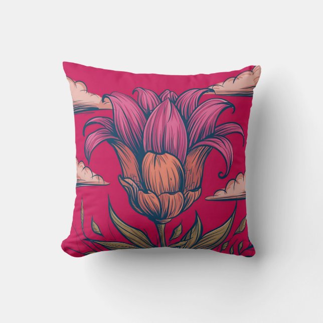 Vibrant Botanical Illustration with Pink and Orang Cushion (Front)