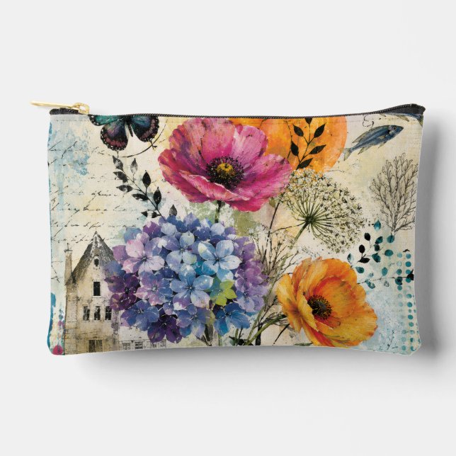 Vibrant Botanical Mixed Media Collage Art Accessory Pouch (Front)