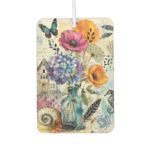 Vibrant Botanical Mixed Media Collage Art Car Air Freshener