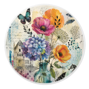 Vibrant Botanical Mixed Media Collage Art Ceramic Knob