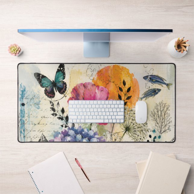 Vibrant Botanical Mixed Media Collage Art Desk Mat (Office 1)