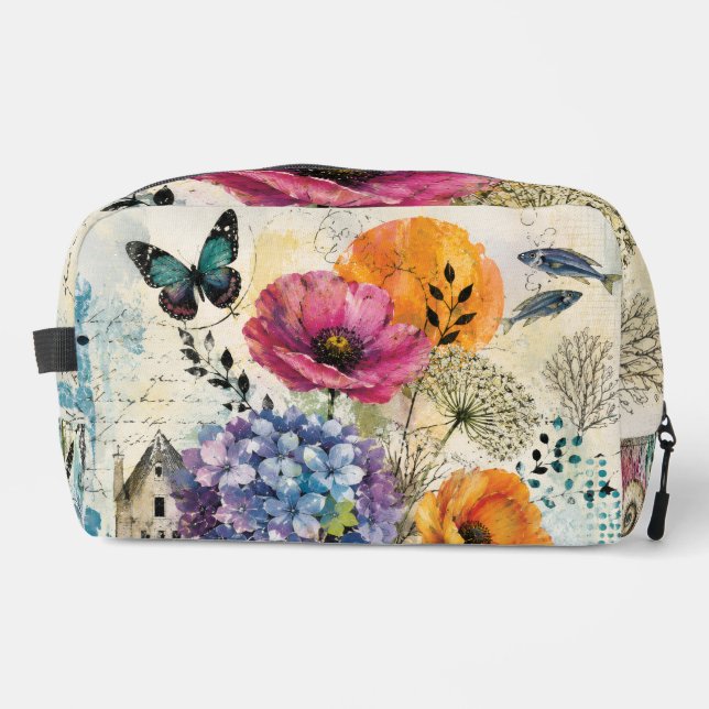 Vibrant Botanical Mixed Media Collage Art Dopp Kit (Front)
