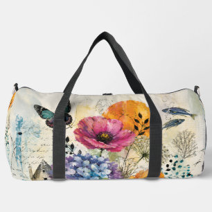 Vibrant Botanical Mixed Media Collage Art Duffle Bag
