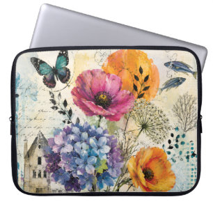 Vibrant Botanical Mixed Media Collage Art Laptop Sleeve