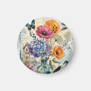 Vibrant Botanical Mixed Media Collage Art Magnet