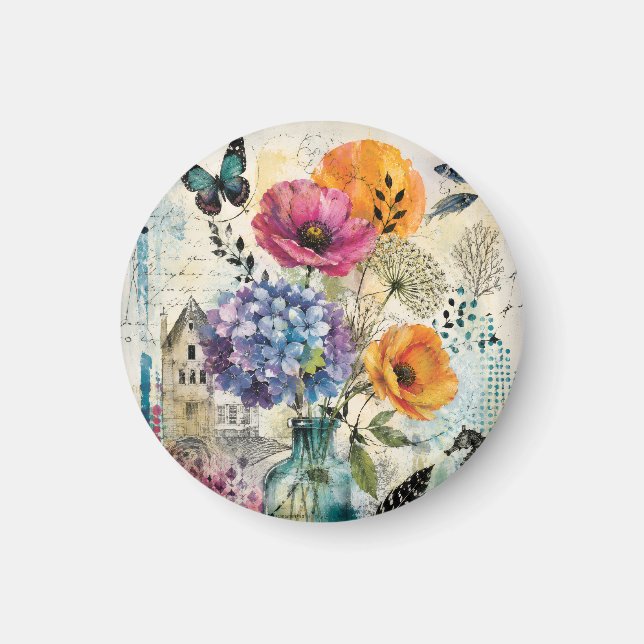 Vibrant Botanical Mixed Media Collage Art Magnet (Front)