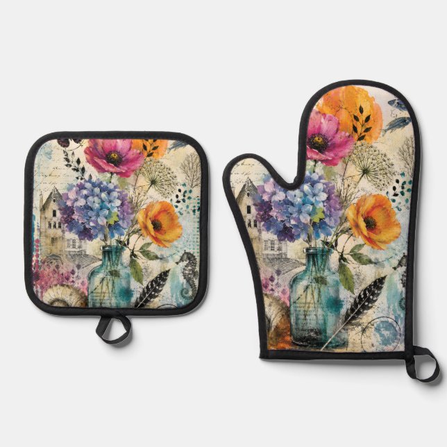 Vibrant Botanical Mixed Media Collage Art Oven Mitt & Pot Holder Set (Front)