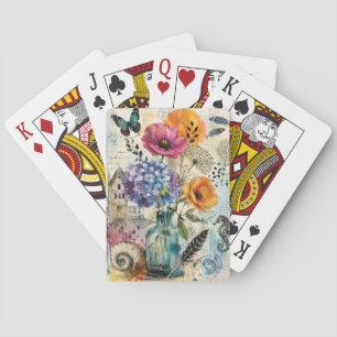 Vibrant Botanical Mixed Media Collage Art Playing Cards