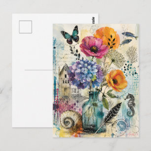 Vibrant Botanical Mixed Media Collage Art Postcard