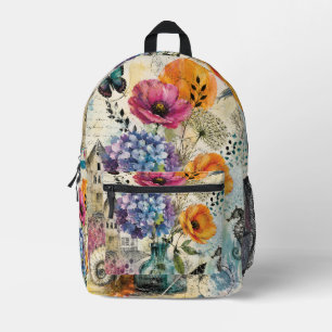 Vibrant Botanical Mixed Media Collage Art Printed Backpack