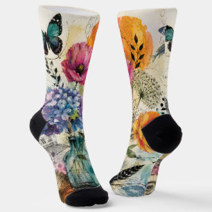 Vibrant Botanical Mixed Media Collage Art Socks