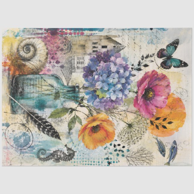 Vibrant Botanical Mixed Media Collage Art Tissue Paper (Front)