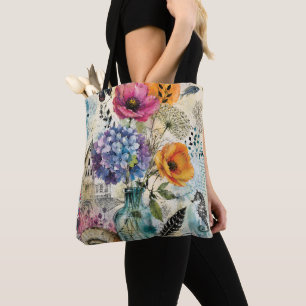 Vibrant Botanical Mixed Media Collage Art Tote Bag