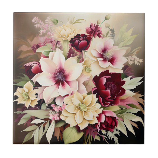 Vibrant Bouquet Of Burgundy And Cream Flowers Tile (Front)