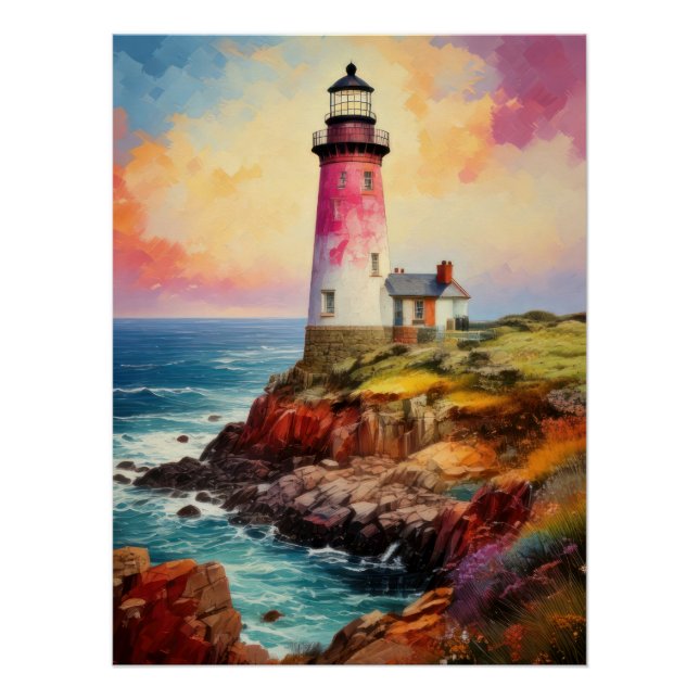 Vibrant Breton Coast Lighthouse - Impressionistic  Poster (Front)