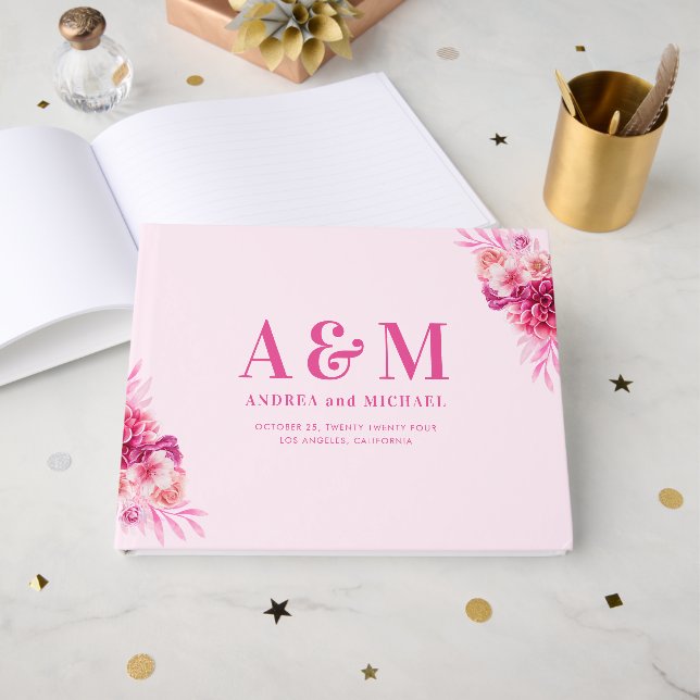 Vibrant Bright Hot Pink Monogram Elegant Wedding Guest Book (Front Open)