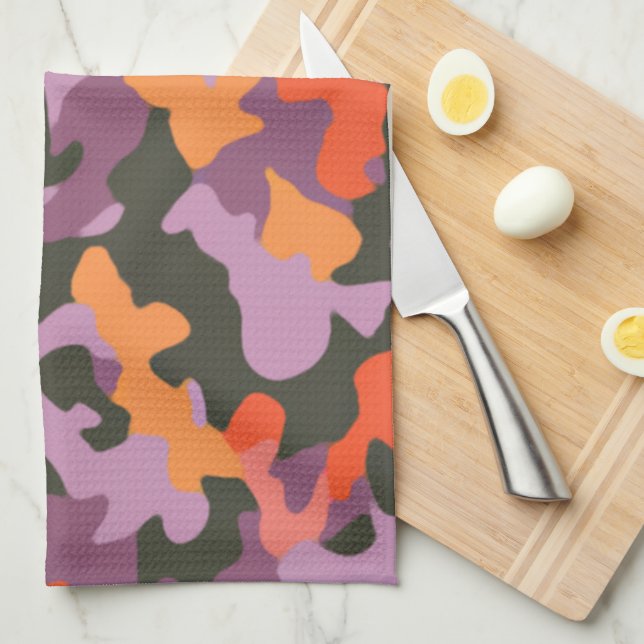 Vibrant Bright Orange Yellow Green Colourful Camo  Tea Towel (Quarter Fold)