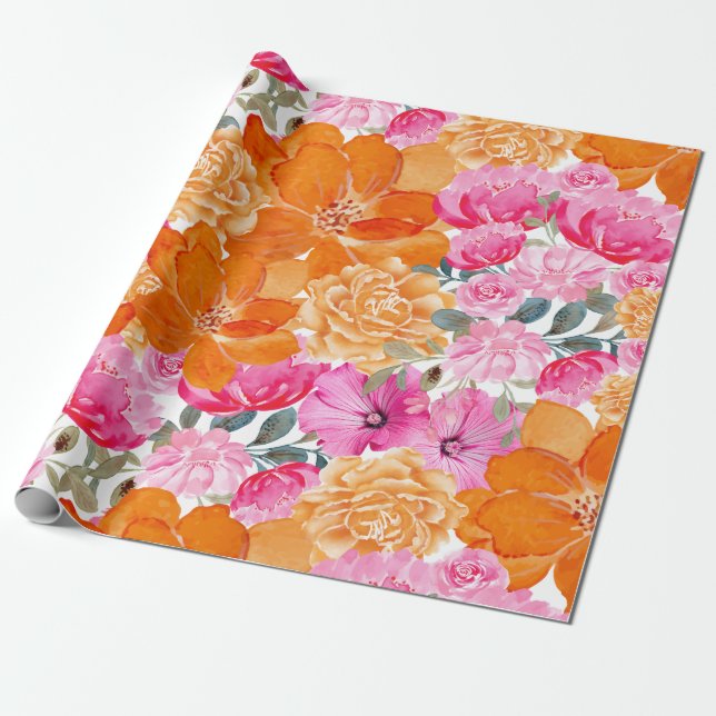 Vibrant Bright Pink and Orange Floral Bloom Gift Wrapping Paper (Unrolled)