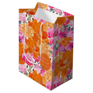 Vibrant Bright Pink Orange Floral Wedding Favour Medium Gift Bag